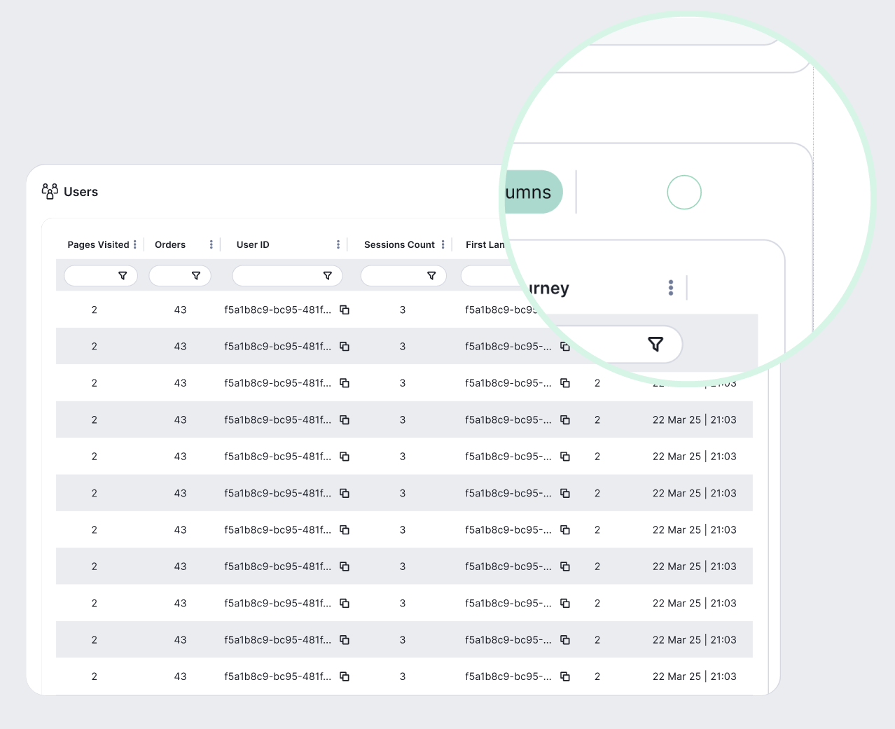 User journey analysis and data export interface